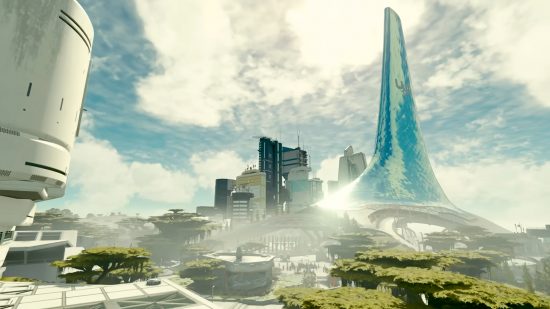 Starfield houses: One of the major cities in the game, with a large tower on the right.