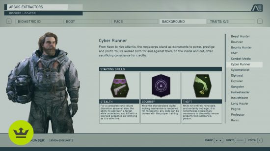 Starfield lockpicking: The Cyber Runner background in the character creation screen.