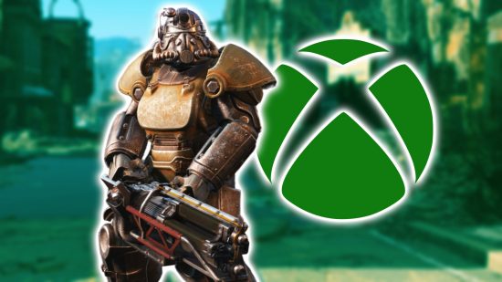 Xbox Games With Gold September 2023 games: A person wearing Power Armor in Fallout 4. The background is tinted green and there is an Xbox logo next to the character.