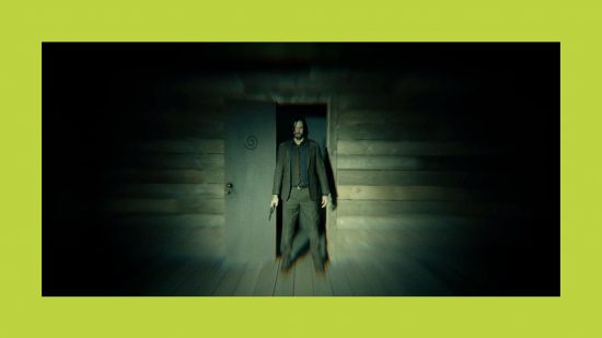 Alan Wake 2 Dark Place trailer easter eggs: Dishevelled Alan standing in a doorway with a spiral on it, holding a gun