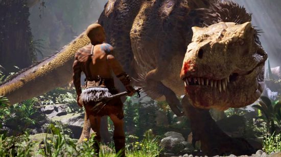 Ark 2 release date: A man in tribal gear and body paint faces off against a huge dinosaur which has blood dripping from its mouth