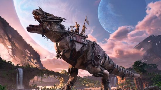 Ark 2 release date: An enormous T-Rex like dinosaur lifts its head and roars. It's covered in cloth and armor and is being ridden by two people