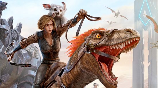 Ark Survival Ascended game pass: Woman riding a Dinosaur in Ark Survival Evolved artwork