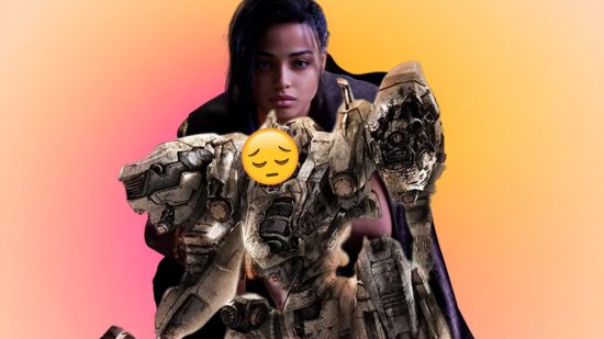 Mech from Armored Core 6 with a sad emoji in front of a looming Frey from Forspoken