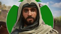 Assassin's Creed Mirage Game Pass: A close-up of Basim looking towards the camera, with an Xbox logo directly behind him.