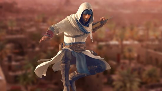 Assassin's Creed Mirage Game Pass: Basim from Assassin's Creed Mirage key art in front of a city background