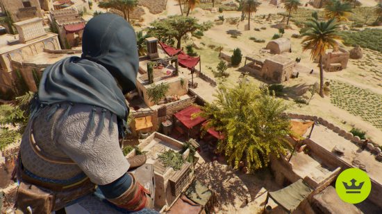 Assassin's Creed Mirage length: Basim overlooking a crowded marketplace.