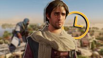 Assassin's Creed Mirage length: Basim looking to the side with a concerned expression, set against a blurred background of gameplay and a yellow clock icon behind his shoulder on the right side.