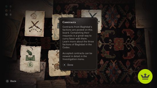 Assassin's Creed Mirage length: The Contracts mission board.