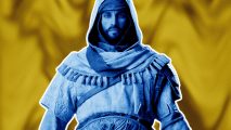 Assassin's Creed Mirage locations: an image of blue Basim on yellow background