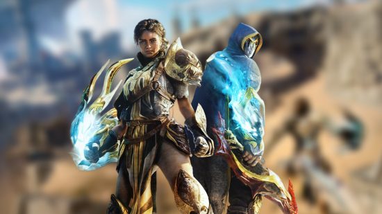 Atlas Fallen Game Pass: Main characters in Atlas Fallen key art in front of a desert background