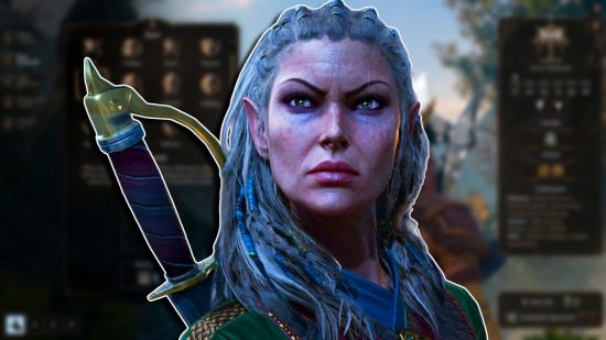 Baldur's Gate 3 best class tier list: A feminine elf character looking towards the camera with a stern expression, set on a blurred background of the classes screen.