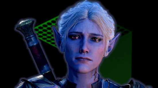 Baldur's Gate 3 Xbox release date: an image of a sad blue elf in front of an xbox