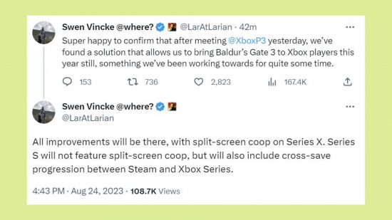 Baldurs Gate 3 split screen: A screenshot of a tweet announcing the news of split-screen for BG3 on Xbox Series X