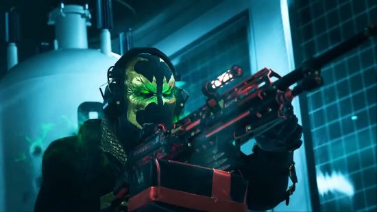 Best battle royale games: a man in a menacing green mask firing an LMG in Call of Duty Warzone