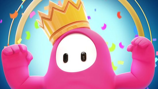 Best battle royale games: A pink bean wears a crown after winning a Fall Guys game