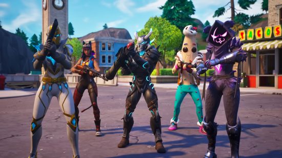 Best battle royale games: A group of oddly-clad players, including a banana man in Fortnite
