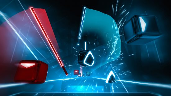 Best PSVR2 games: A screenshot from Beat Saber showing two glowing sticks - one red, one blue - slicing through blocks