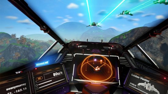 Best PSVR 2 games: A shot from inside the cockpit of a space ship, which has various screens and hologram readouts. Other ships can be seen out of the window flying ahead of you