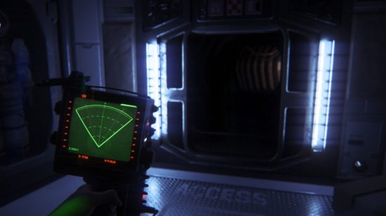 Best space games: A first-person view of someone looking at a radar device in a dimly lit corridor in Alien Isolation.