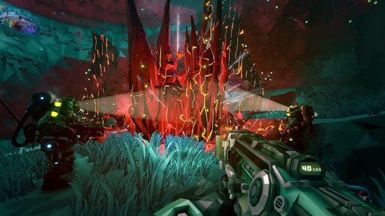 Best space games: A first-person perspective of someone holding a gun and pointing it at some bright red spiky crystals in Deep Rock Galactic.