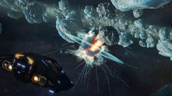 Best space games: A spaceship fires a blast into a meteor in Elite Dangerous.