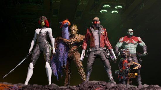 Best space games: The full lineup from the Marvel's Guardians of the Galaxy game stood in a line.