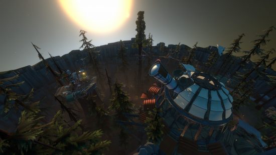 Best space games: A small research base on a forest-like planet, with an observatory with a large telescope aiming skywards in Outer Wilds.
