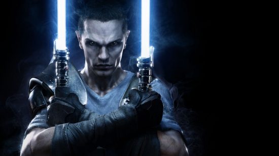 Best Star Wars Games: Starkiller holds two lightsabers pointing upwards, with his arms crossed