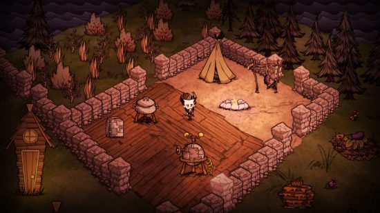 Best Survival Games: A bearded man can be seen in a walled campsite