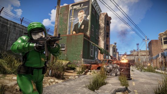Best Survival Games: A man in a green hazmat suit aiming a gun