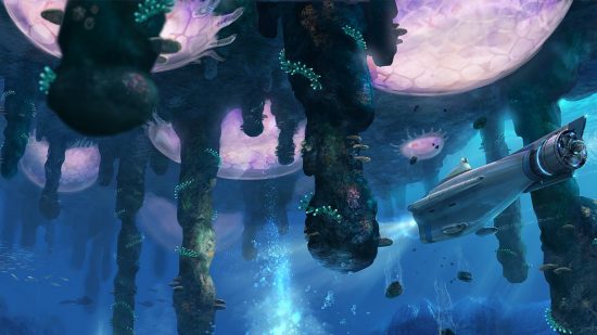 Best Survival Games: An underwater ocean can be seen with a submarine gliding by