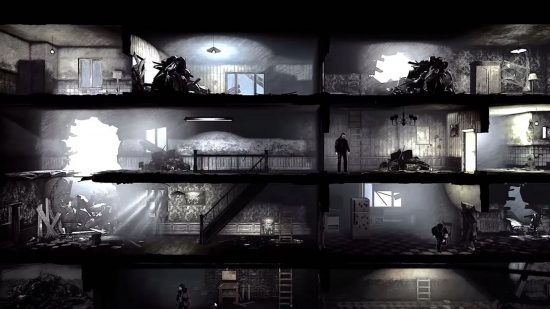 Best Survival Games: Multiple rooms of a house can be seen, some with gaping holes in