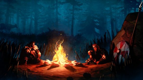 Best Survival Games: Two hunters are sat around a fire