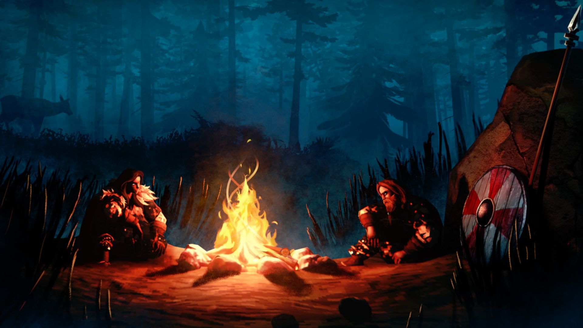 Beste overlevingsgames: twee jagers zitten rond een vuur