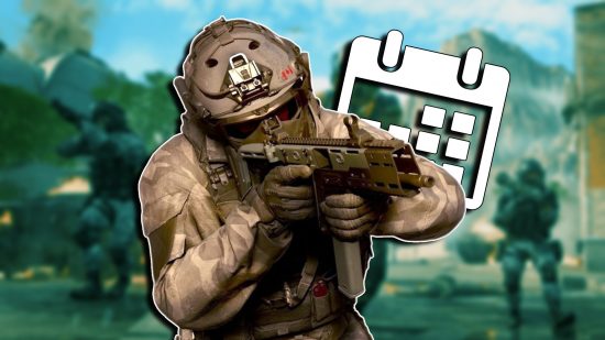 MW2 Season 6 release date: A soldier holding a weapon and aiming to the right. A calendar icon is tucked behind their arm.