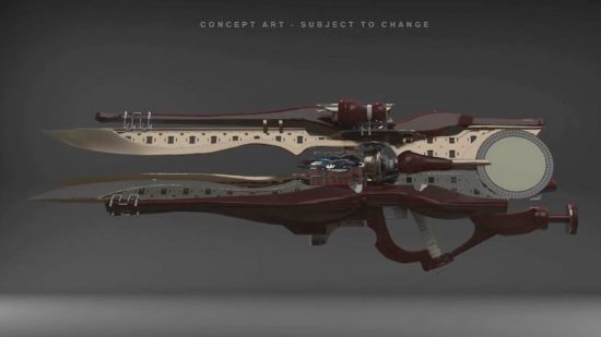 Destiny 2 Final Shape Exotic weapons: concept art for a dark red and beige trace rifle