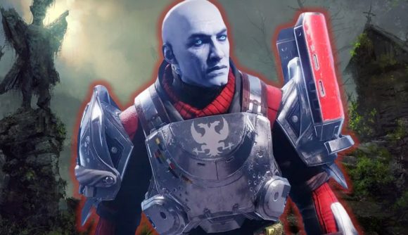 Destiny 2 Diablo 4 seasons: Commander Zavala with a red glow around him standing in front of some Diablo 4 concept art