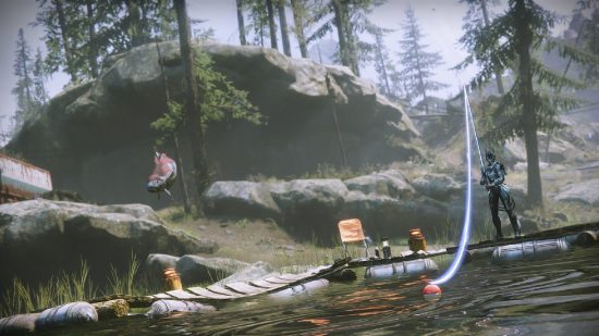 Destiny 2 Diablo 4 Seasons: a guardian casting a glowing fishing line into a lake as a small fish jumps out the water