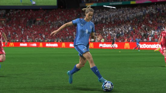 FC 24 womens ratings: a female player with a soccer ball at her feet, wearing a light blue kit