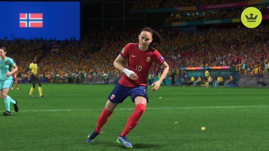 FC 24 womens ratings: Caroline Graham Hansen pushes away into a sprint while wearing the red and blue kit of Norway