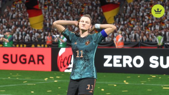 FC 24 womens ratings: Alexandra Popp in a green Germany kit with her arms stretched behind her head