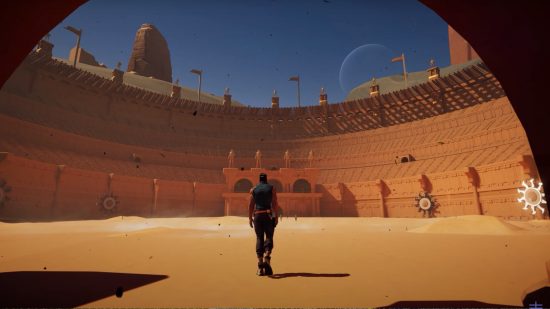 Everywhere release date: A character walking into a colloseum.