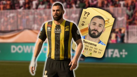 FC 24 Benzema rating: Benzema standing with arms by his side in a yellow and black football kit, with a gold Ultimate Team card floating behind him