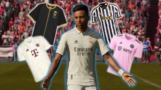 FC 24 best kits: Real Madrid's Rodrygo with his arms outstretched, surrounded by floating kits from various clubs