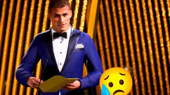 FC 24 career mode dynamic moments: an image of someone awarding the Ballon d'Or in FC 24 with a sad emoji over the award