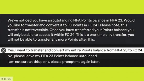 FC 24 FIFA Points transfer: in-game prompt to transfer FIFA Points to FC 24