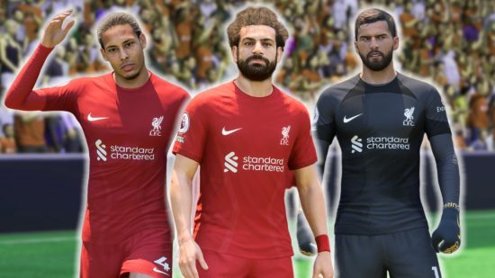 FC 24 liverpool ratings: van Dijk, Salah and Alisson in Liverpool kits outlined with a white glow