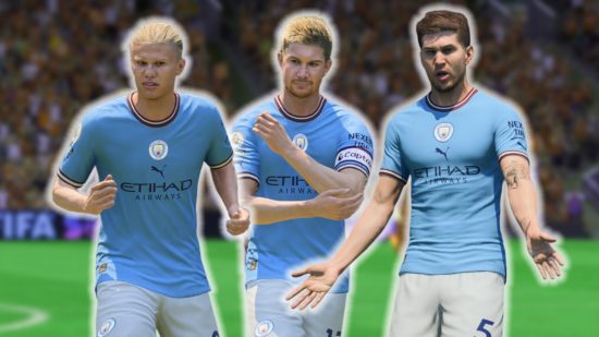 FC 24 Man City ratings: Haaland, Stones, and De Bruyne wearing the light blue strip of Manchester City