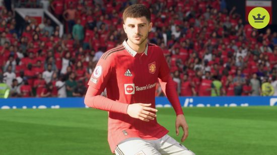 FC 24 Manchester United: Mason Mount turning during a match in the red kit of Man united